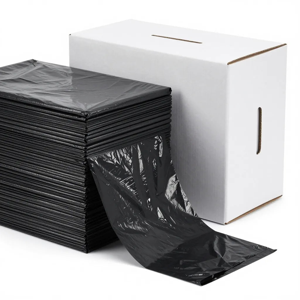33 gallon black low-density kitchen trash bags, case of 100 — folded stack with dispenser box