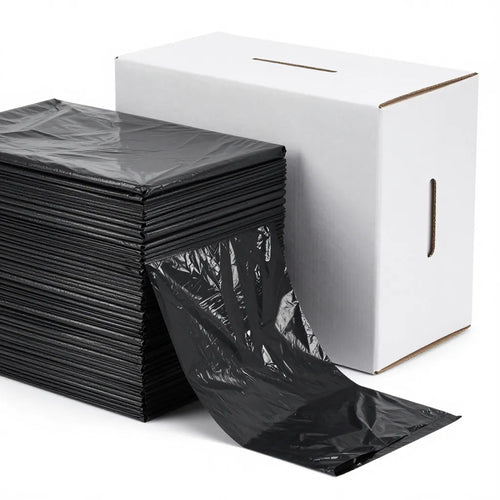 33 gallon black low-density kitchen trash bags, case of 100 — folded stack with dispenser box