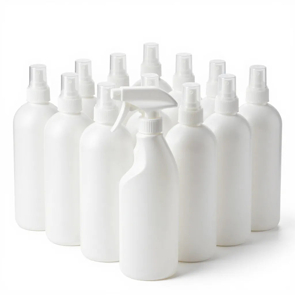 Unlabeled white plastic spray bottles for dilution programs, case of 12